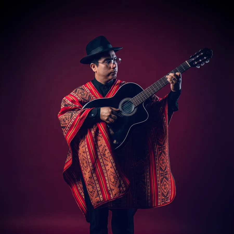 Integrante de Conjunto Calichal tocando guitarra electroacústica, con poncho andino.