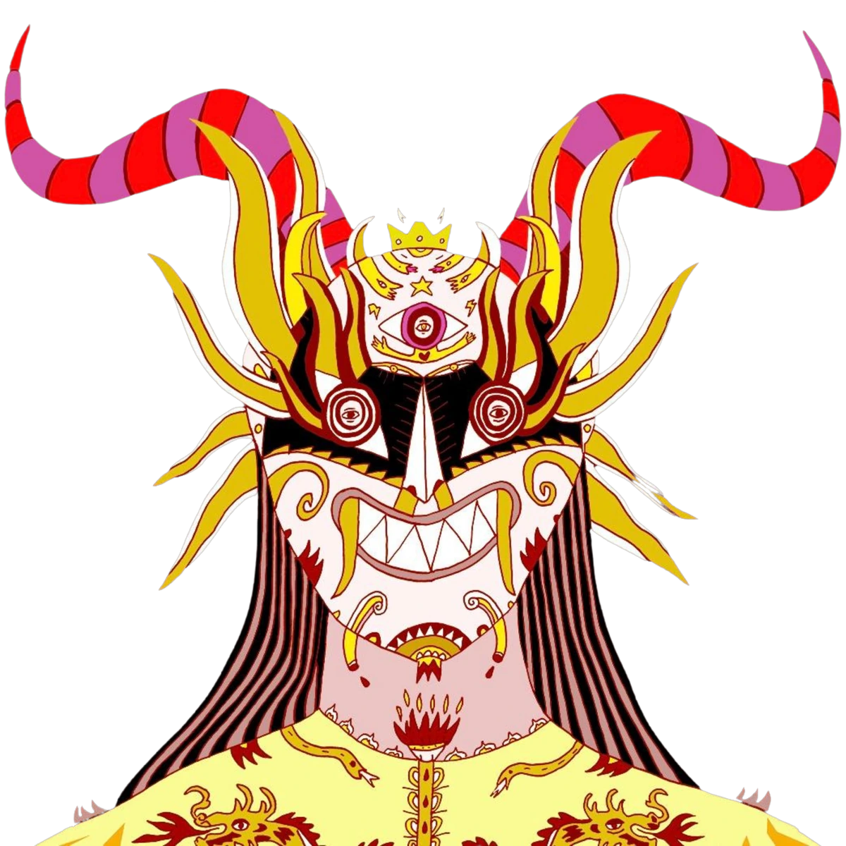 Máscara de diablo del Norte Grande, emblema de Conjunto Calichal: cuernos rayados en rojo y magenta, rayos dorados y ojo central.